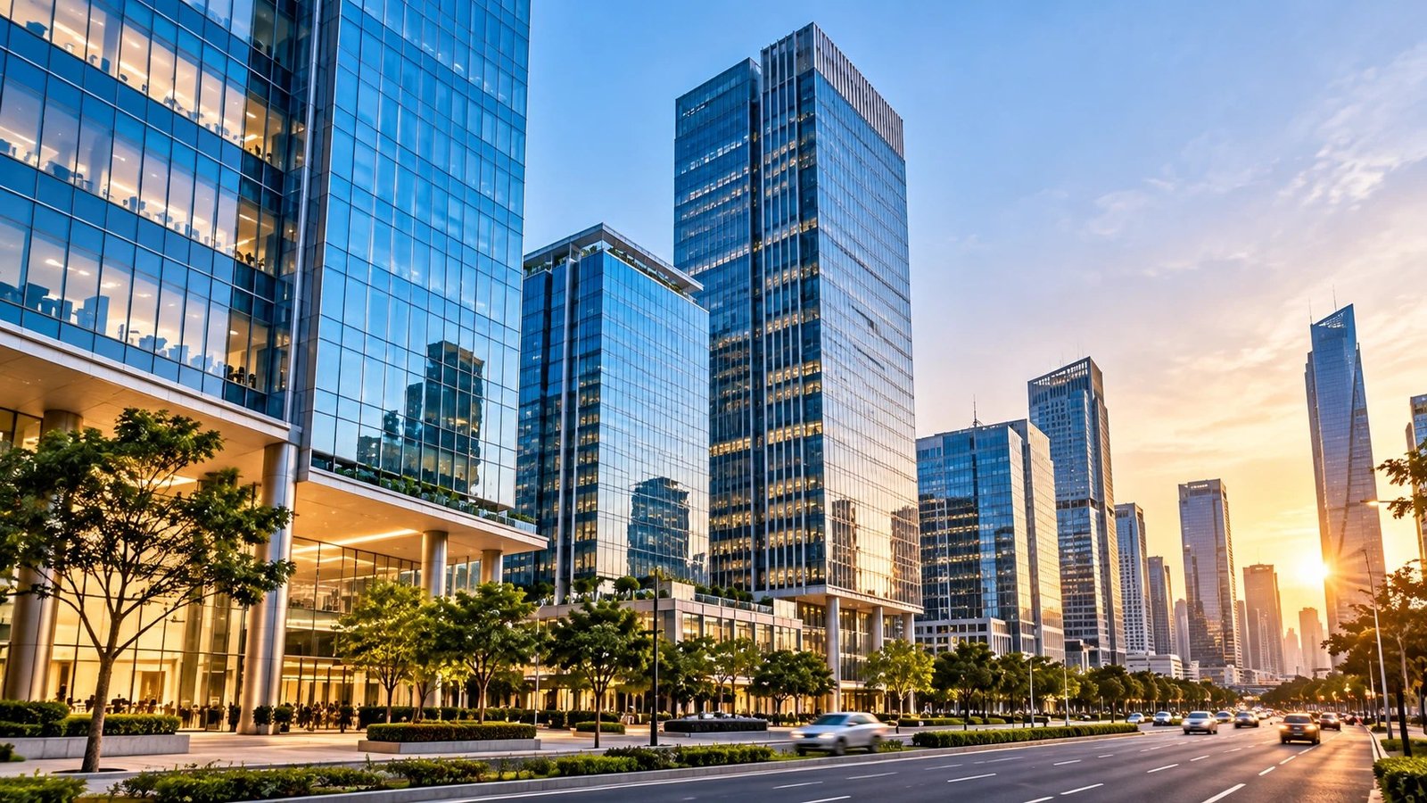 Modern glass office towers along a tree-lined avenue at sunset